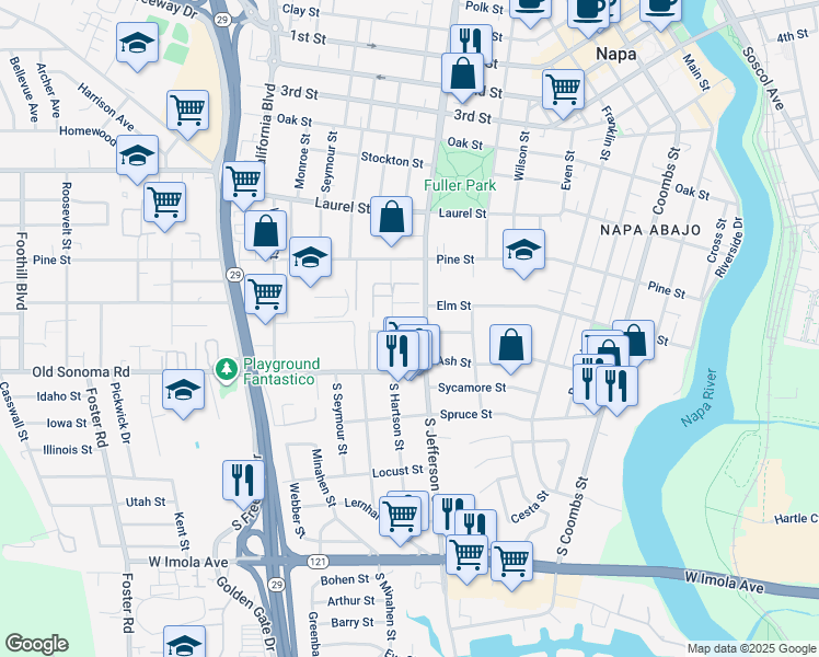map of restaurants, bars, coffee shops, grocery stores, and more near 1838 Madrona Street in Napa