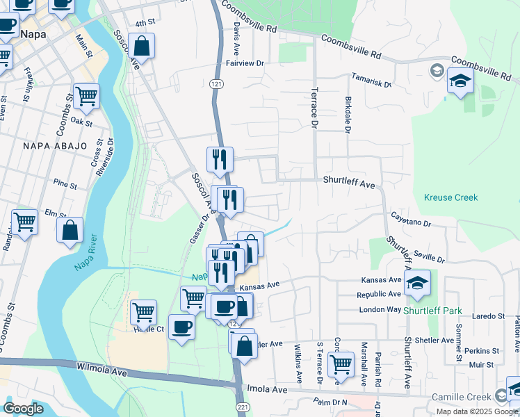 map of restaurants, bars, coffee shops, grocery stores, and more near 150 Silverado Trail in Napa