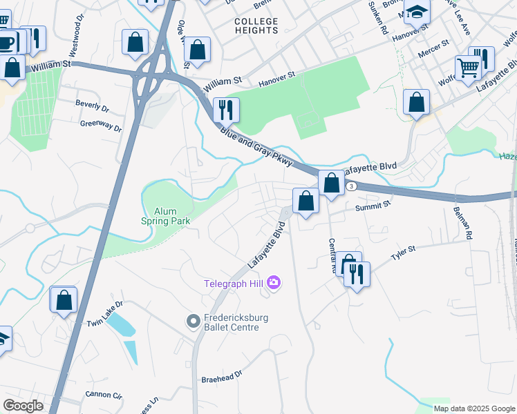 map of restaurants, bars, coffee shops, grocery stores, and more near 1209 Rampart Drive in Fredericksburg