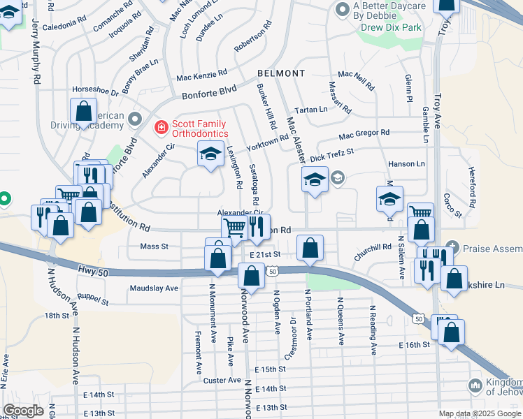 map of restaurants, bars, coffee shops, grocery stores, and more near 1510 Saratoga Road in Pueblo