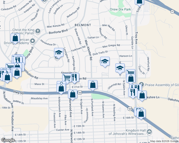 map of restaurants, bars, coffee shops, grocery stores, and more near 2 Meadowbrook Drive in Pueblo