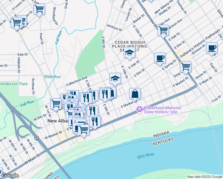map of restaurants, bars, coffee shops, grocery stores, and more near 726 East Elm Street in New Albany