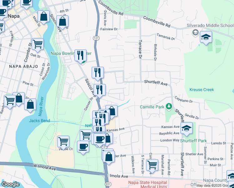 map of restaurants, bars, coffee shops, grocery stores, and more near 150 Silverado Trail in Napa