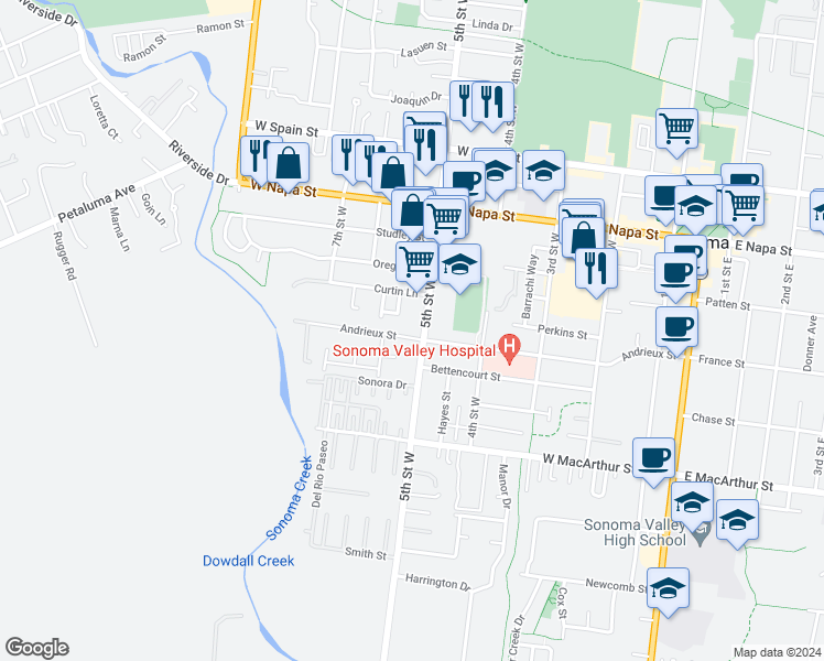 map of restaurants, bars, coffee shops, grocery stores, and more near 518 Andrieux Street in Sonoma