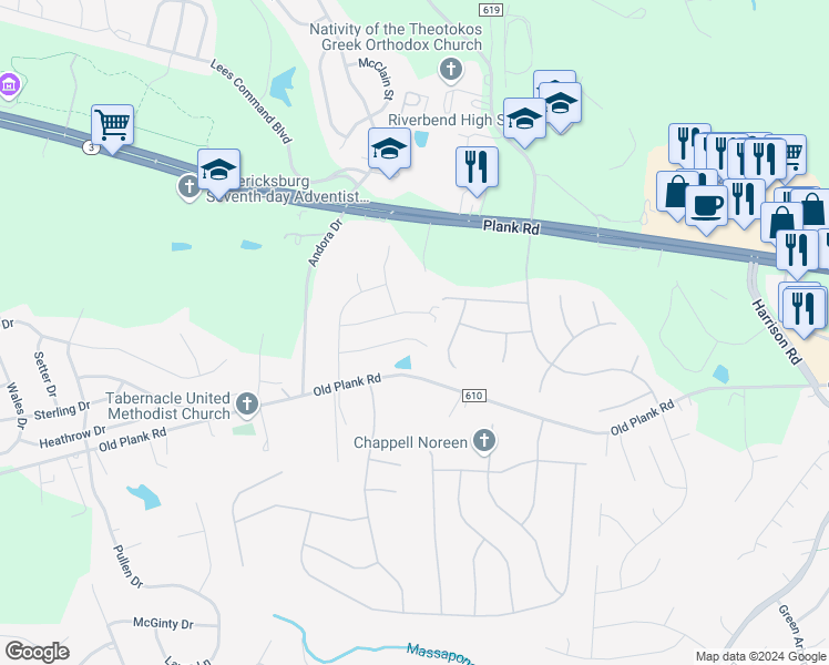 map of restaurants, bars, coffee shops, grocery stores, and more near 7013 Sharon Road in Fredericksburg