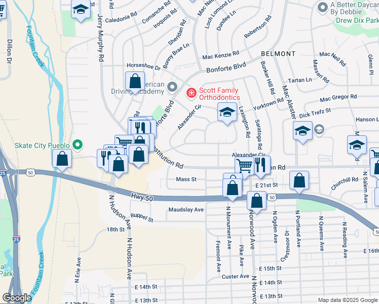 map of restaurants, bars, coffee shops, grocery stores, and more near 1125 Alexander Circle in Pueblo