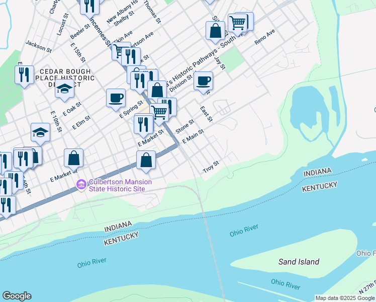 map of restaurants, bars, coffee shops, grocery stores, and more near 1713-1723 Dewey Street in New Albany