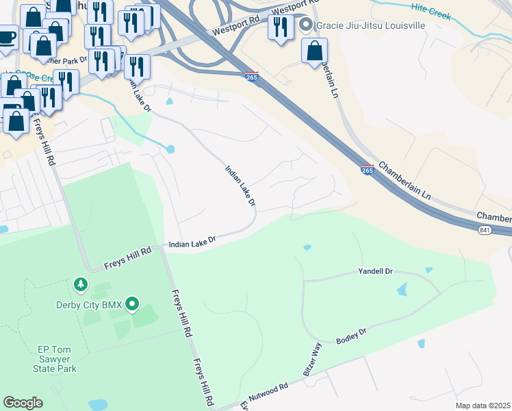map of restaurants, bars, coffee shops, grocery stores, and more near 3201 Indian Lake Drive in Louisville