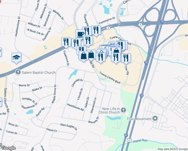 map of restaurants, bars, coffee shops, grocery stores, and more near 3404 Maple Grove Drive in Fredericksburg