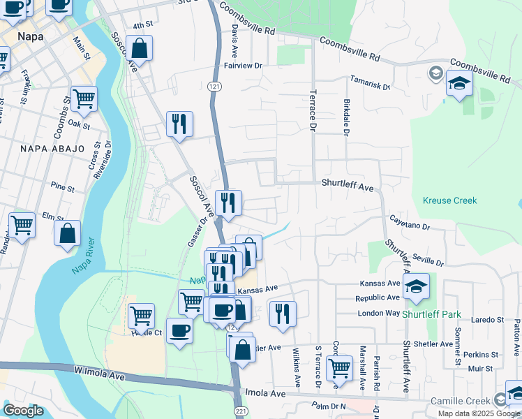 map of restaurants, bars, coffee shops, grocery stores, and more near 150 Silverado Trail in Napa