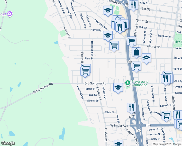 map of restaurants, bars, coffee shops, grocery stores, and more near 117 Roosevelt Street in Napa