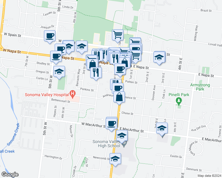 map of restaurants, bars, coffee shops, grocery stores, and more near 677 1st Street West in Sonoma