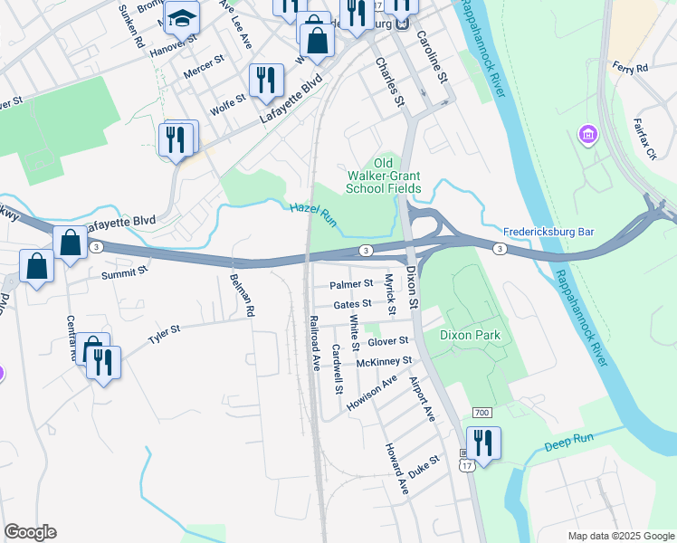 map of restaurants, bars, coffee shops, grocery stores, and more near 408 Summit Street in Fredericksburg