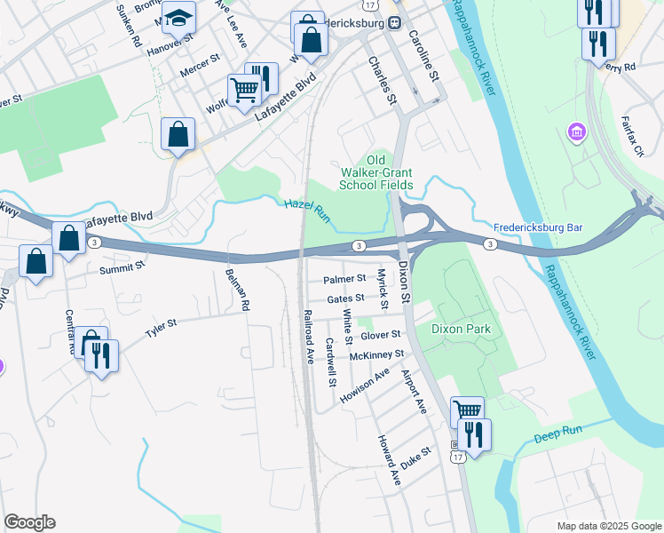 map of restaurants, bars, coffee shops, grocery stores, and more near 408 Summit Street in Fredericksburg