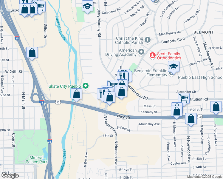 map of restaurants, bars, coffee shops, grocery stores, and more near 1111 Bonforte Boulevard in Pueblo