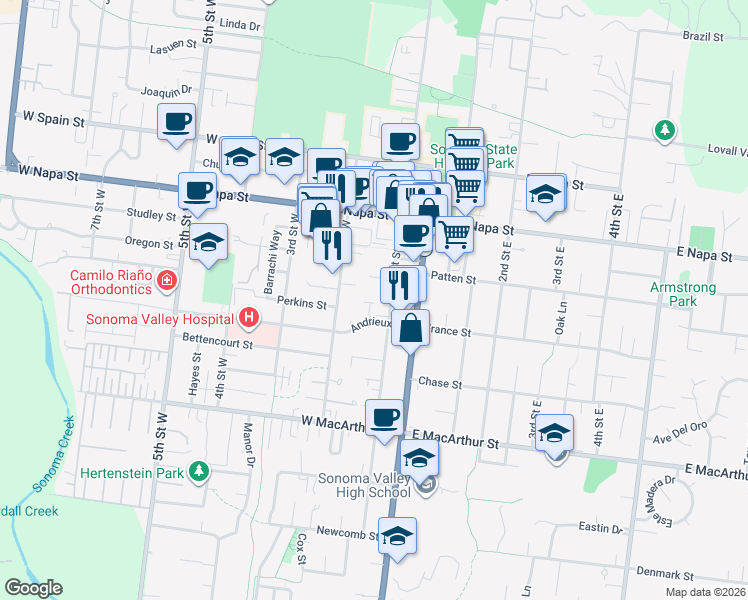 map of restaurants, bars, coffee shops, grocery stores, and more near 677 1st Street West in Sonoma