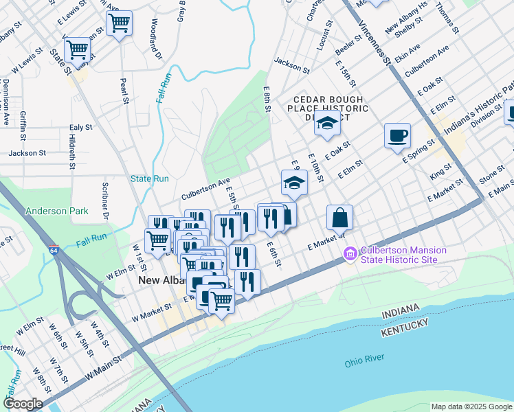 map of restaurants, bars, coffee shops, grocery stores, and more near 518 East 6th Street in New Albany