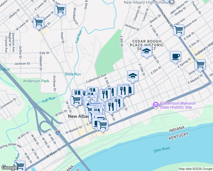 map of restaurants, bars, coffee shops, grocery stores, and more near 514 East 5th Street in New Albany