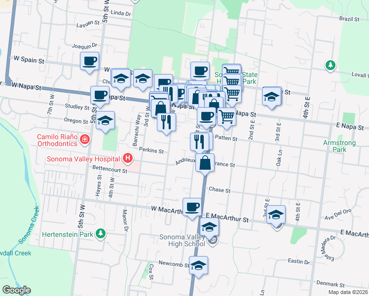 map of restaurants, bars, coffee shops, grocery stores, and more near 677 1st Street West in Sonoma