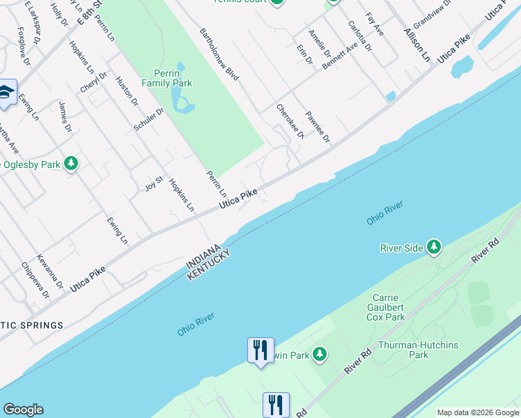 map of restaurants, bars, coffee shops, grocery stores, and more near 2200 1/4 Utica Pike in Jeffersonville