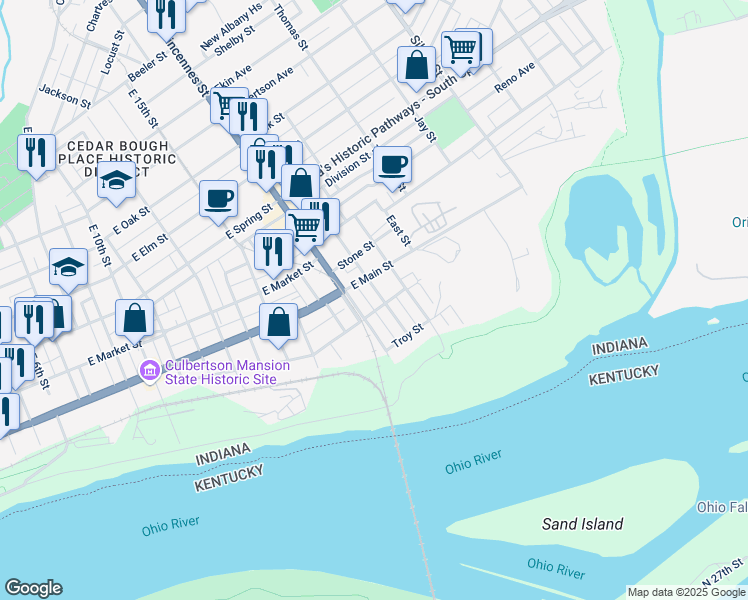 map of restaurants, bars, coffee shops, grocery stores, and more near 1713-1723 Dewey Street in New Albany
