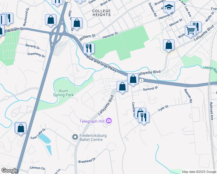 map of restaurants, bars, coffee shops, grocery stores, and more near 1015 Rampart Drive in Fredericksburg