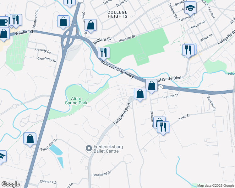 map of restaurants, bars, coffee shops, grocery stores, and more near 1310 Trestle Drive in Fredericksburg