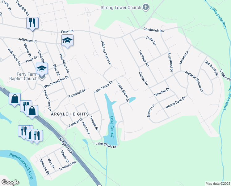 map of restaurants, bars, coffee shops, grocery stores, and more near 112 Jay Road in Fredericksburg