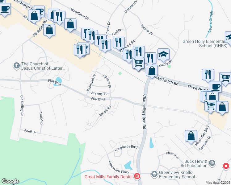 map of restaurants, bars, coffee shops, grocery stores, and more near 22630 Athlone Drive in Great Mills