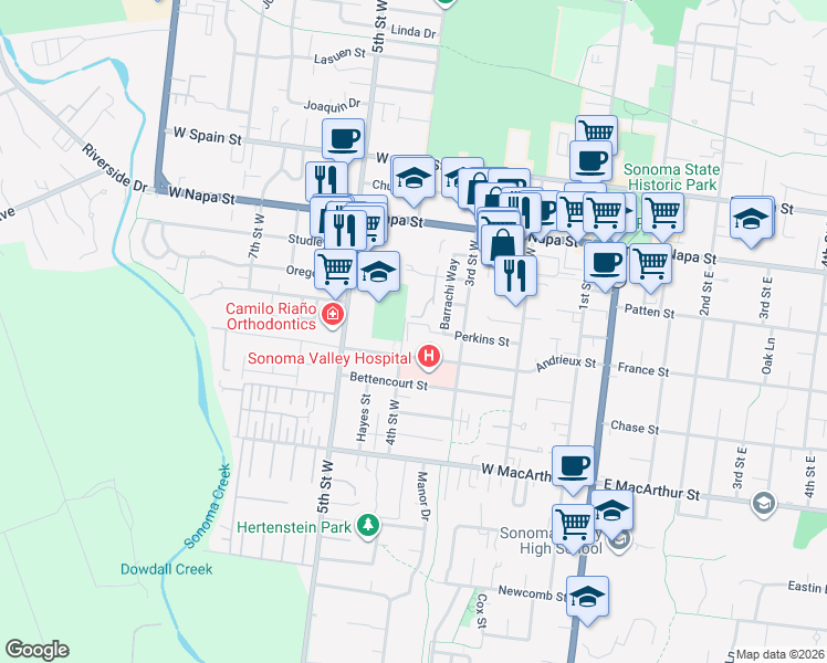 map of restaurants, bars, coffee shops, grocery stores, and more near 379 Perkins Street in Sonoma