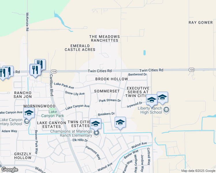 map of restaurants, bars, coffee shops, grocery stores, and more near 1184 Slidell Park Court in Galt