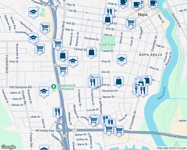 map of restaurants, bars, coffee shops, grocery stores, and more near 1838 Madrona Street in Napa