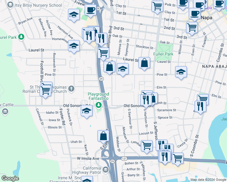 map of restaurants, bars, coffee shops, grocery stores, and more near 2261 Elm Street in Napa