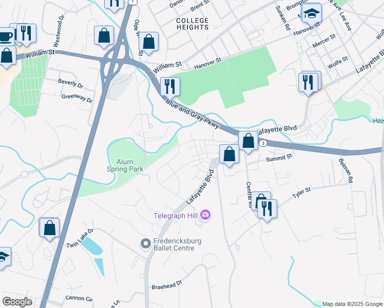 map of restaurants, bars, coffee shops, grocery stores, and more near 1310 Trestle Drive in Fredericksburg