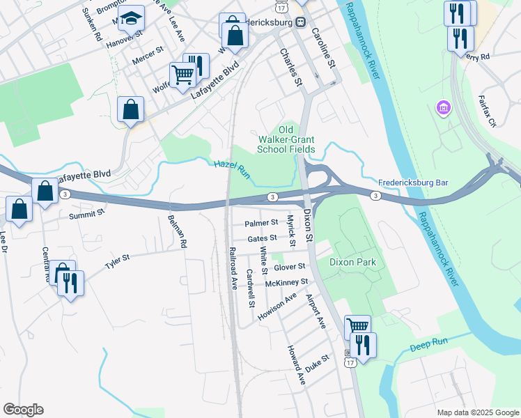 map of restaurants, bars, coffee shops, grocery stores, and more near 433 Summit Street in Fredericksburg