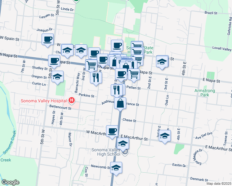 map of restaurants, bars, coffee shops, grocery stores, and more near 669 California 12 in Sonoma