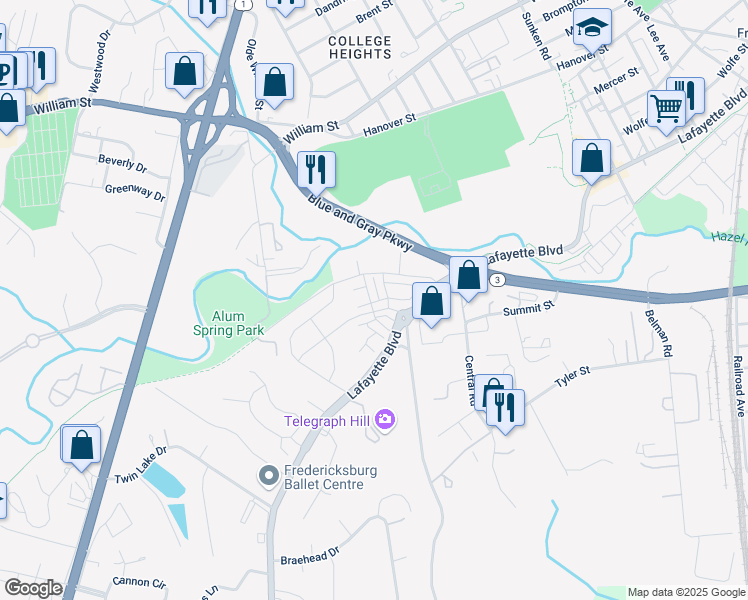 map of restaurants, bars, coffee shops, grocery stores, and more near 1301 Trestle Drive in Fredericksburg