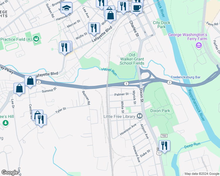 map of restaurants, bars, coffee shops, grocery stores, and more near 432 Summit Street in Fredericksburg