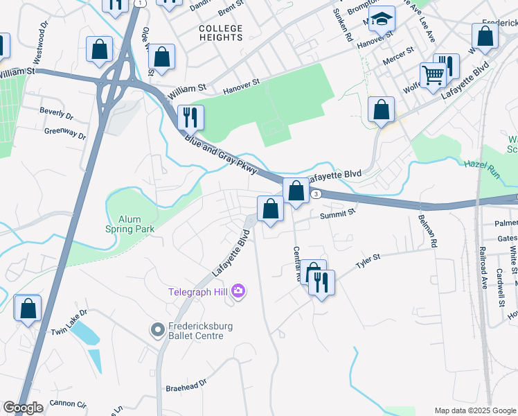 map of restaurants, bars, coffee shops, grocery stores, and more near 2027 Track Circle in Fredericksburg