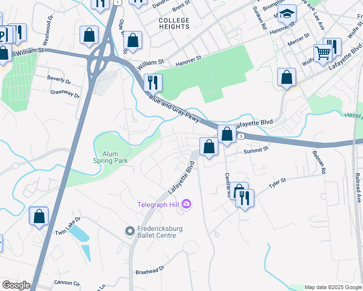 map of restaurants, bars, coffee shops, grocery stores, and more near 1301 Trestle Drive in Fredericksburg