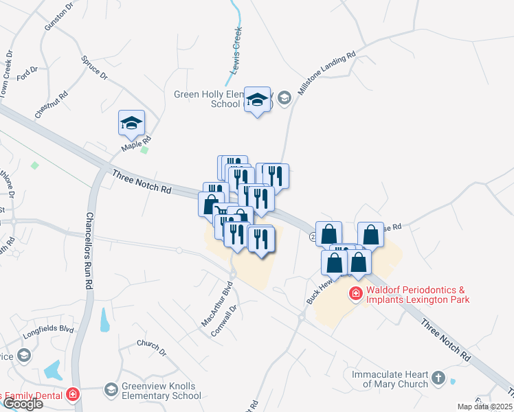map of restaurants, bars, coffee shops, grocery stores, and more near 22610 Three Notch Road in Lexington Park