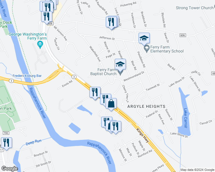 map of restaurants, bars, coffee shops, grocery stores, and more near 52 Wakefield Avenue in Fredericksburg