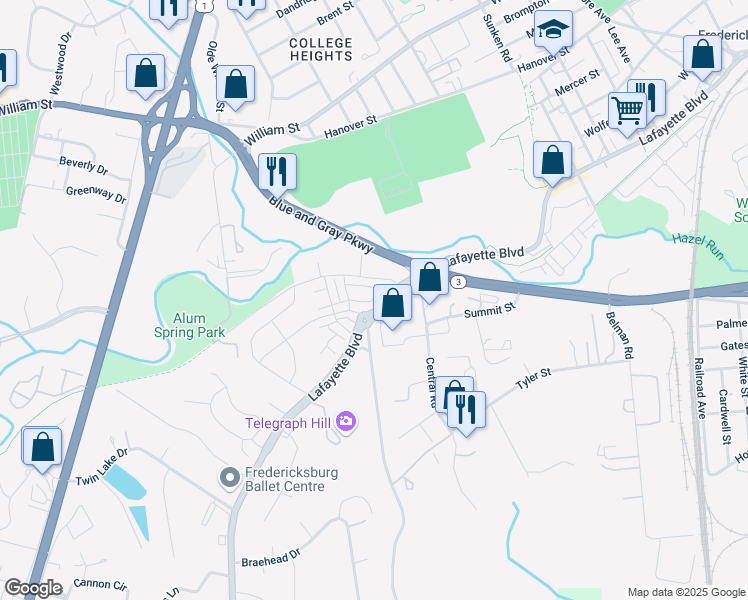 map of restaurants, bars, coffee shops, grocery stores, and more near 2027 Track Circle in Fredericksburg