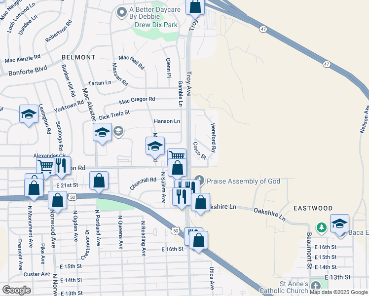 map of restaurants, bars, coffee shops, grocery stores, and more near 1725 Constitution Road in Pueblo