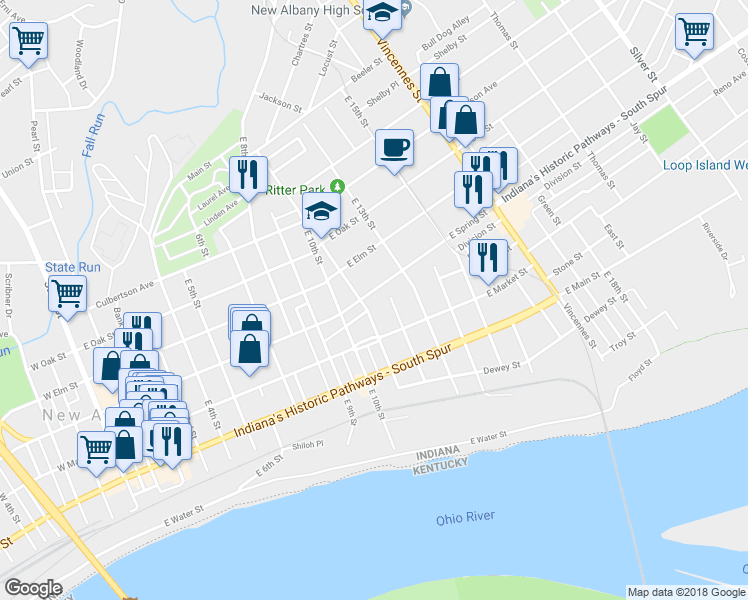 map of restaurants, bars, coffee shops, grocery stores, and more near 317 East 12th Street in New Albany