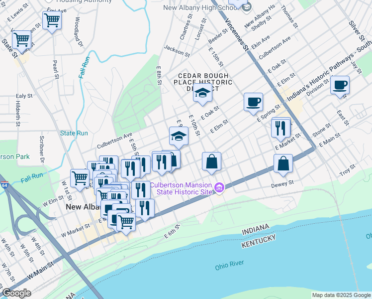 map of restaurants, bars, coffee shops, grocery stores, and more near 520 East Spring Street in New Albany