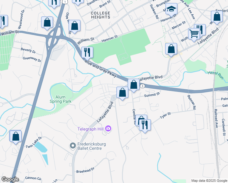 map of restaurants, bars, coffee shops, grocery stores, and more near 2014 Track Circle in Fredericksburg