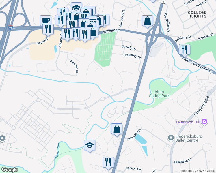 map of restaurants, bars, coffee shops, grocery stores, and more near 1004 Landram's Retreat in Fredericksburg