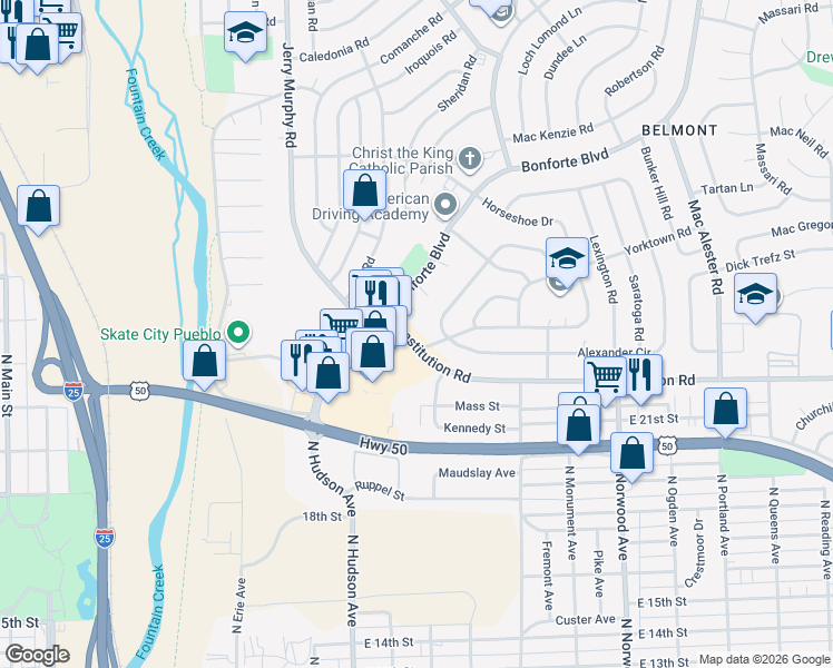 map of restaurants, bars, coffee shops, grocery stores, and more near 1001-1093 Horseshoe Dr in Pueblo