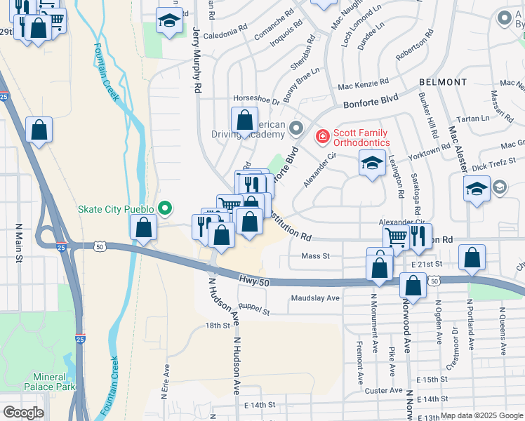 map of restaurants, bars, coffee shops, grocery stores, and more near 1001-1093 Horseshoe Dr in Pueblo